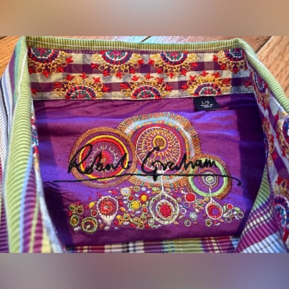 Robert Graham Multi-Colored Long Sleeve Striped Dress Shirt Men's Sz L Flip Cuff - Picture 4 of 15